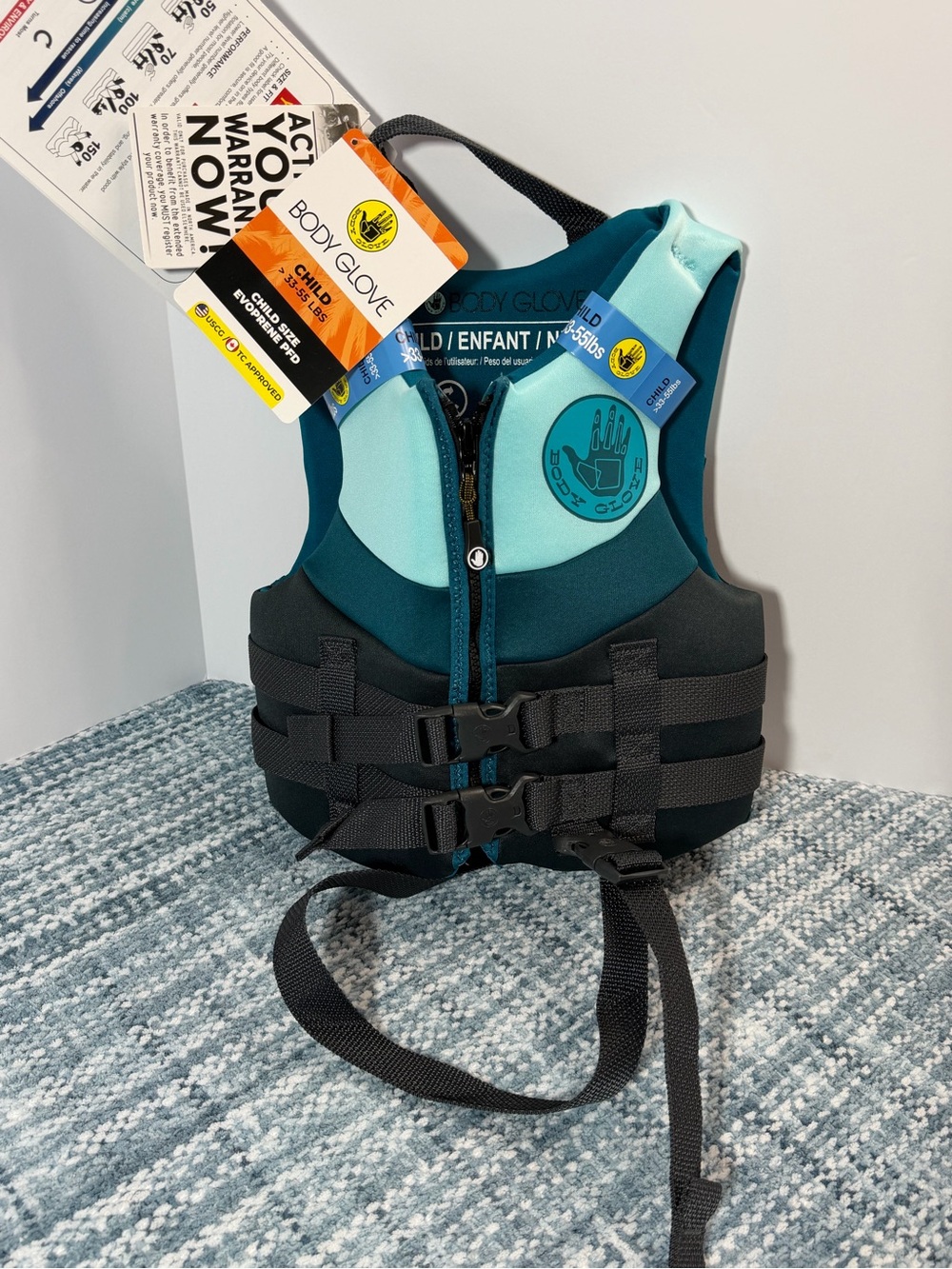 Body Glove Youth Teal & Black Kids Life Vest - Front-Zip PFD (33-55lbs)